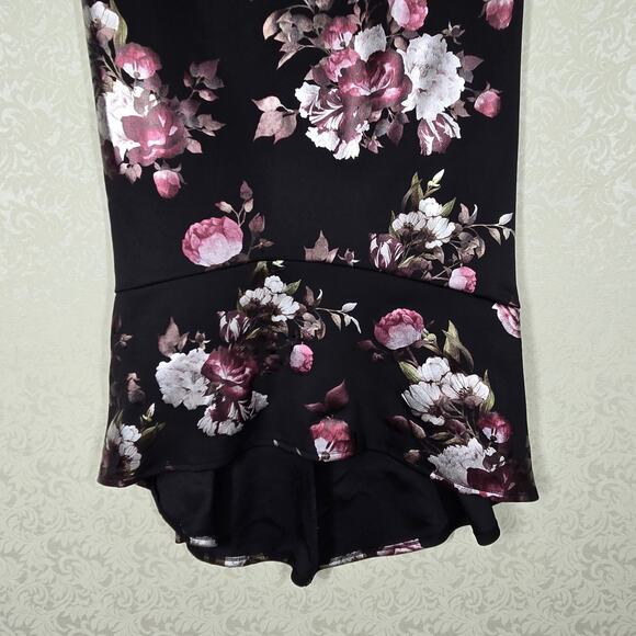 Enfocus High Low Maxi Sheath Dress 14W Black Pink Floral Rose Sleeveless Evening - Picture 4 of 14
